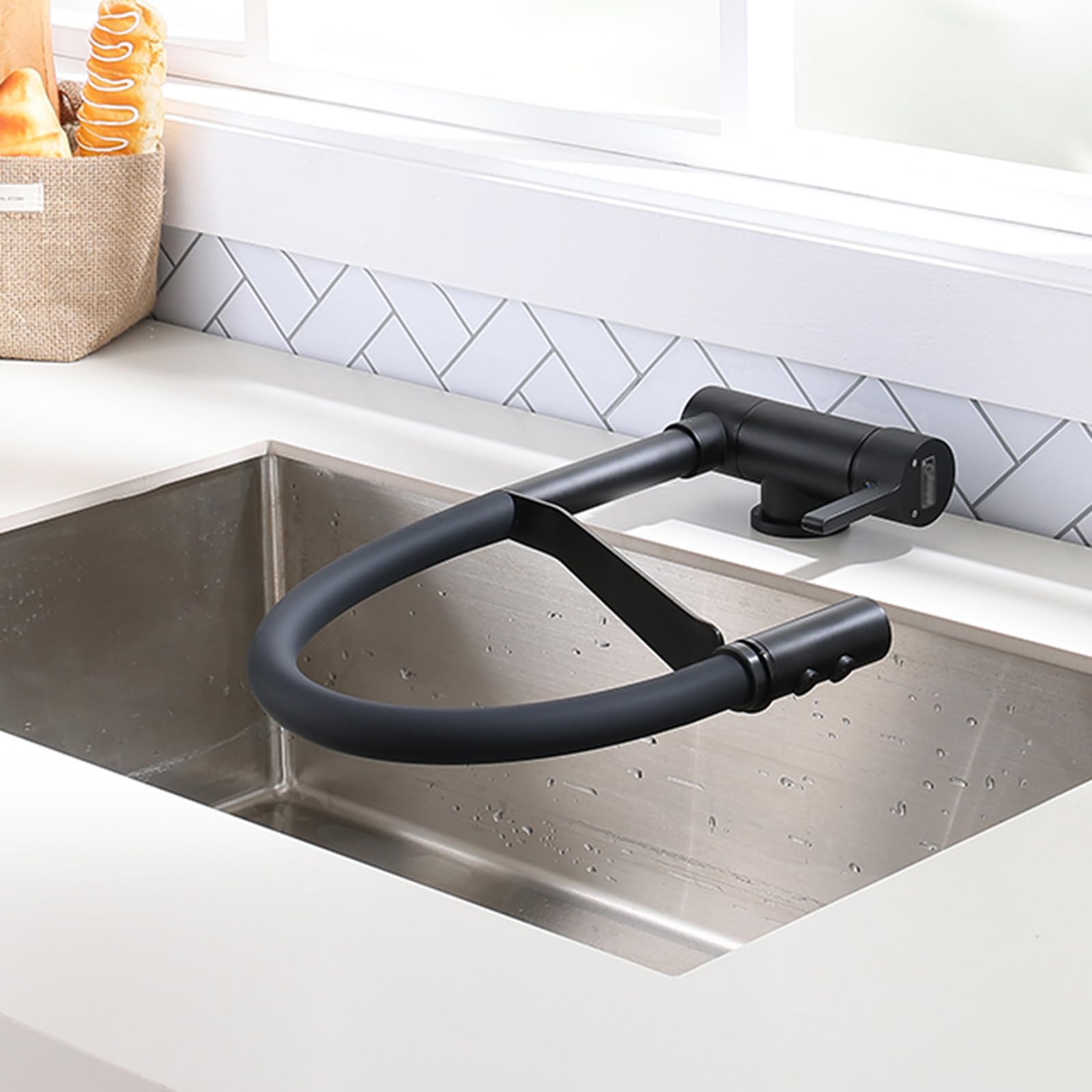 Grifo de Cocina Plegable Negro con rociador extraíble, Monomando, rotación de 360°, Montaje en Pared, instalación de un Solo Orificio
