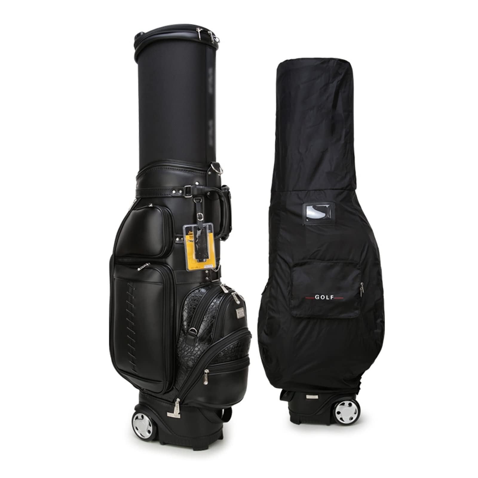 Professionelle Golftasche for den Außenbereich, hochwertige wasserdichte Golfwagentasche aus Leder mit 2 Rädern, multifunktionale Ballkappe, Golf-Standtasche, Reisetaschen for Golfschläger