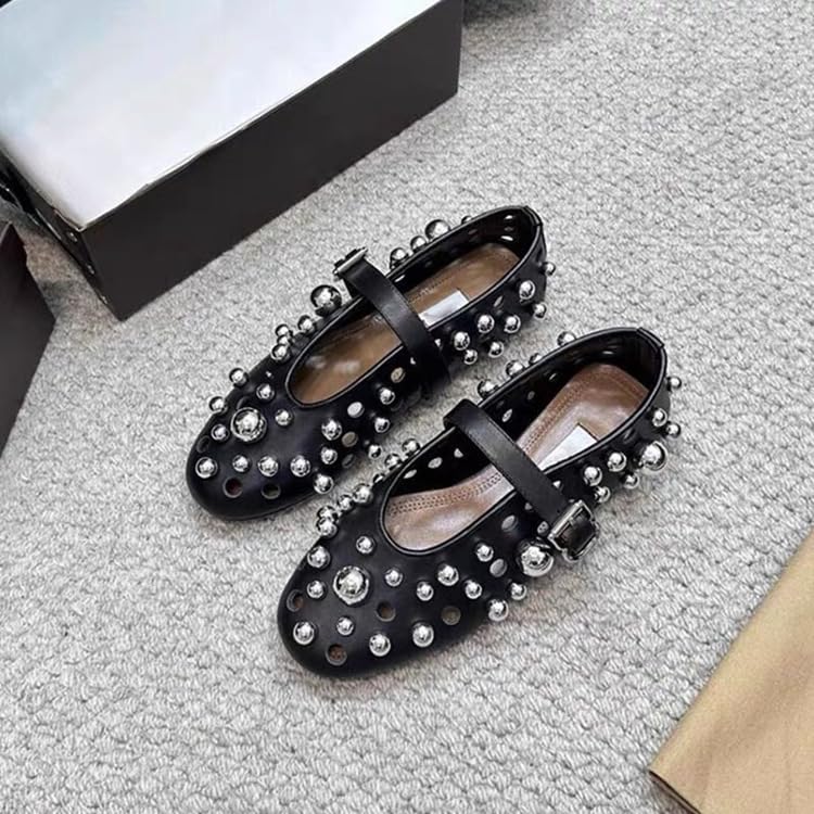 Ballet Flats for Women Mary Jane Shoes Genuine Leather Comfortable Lightweight Flat Hollow Out Metal Pearl Round Stud Rivets for Everyday Wear3