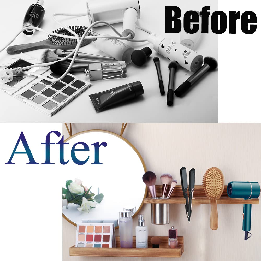 Hair Tool Organizer Wall Mount,2 Layer Rustic Blow Dryer Holder, Wooden Bathroom Organizer Storage shelf for Hair tools, Curling Iron, Hot Tools