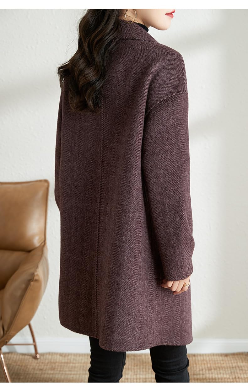 Generico Cappotto In Lana A Spina Di Pesce Da Donna Cappotto In Misto Lana con Revers Trench con Tasche Soprabito Doppiopetto Giacche Antivento Di Media Lunghezza Capispalla