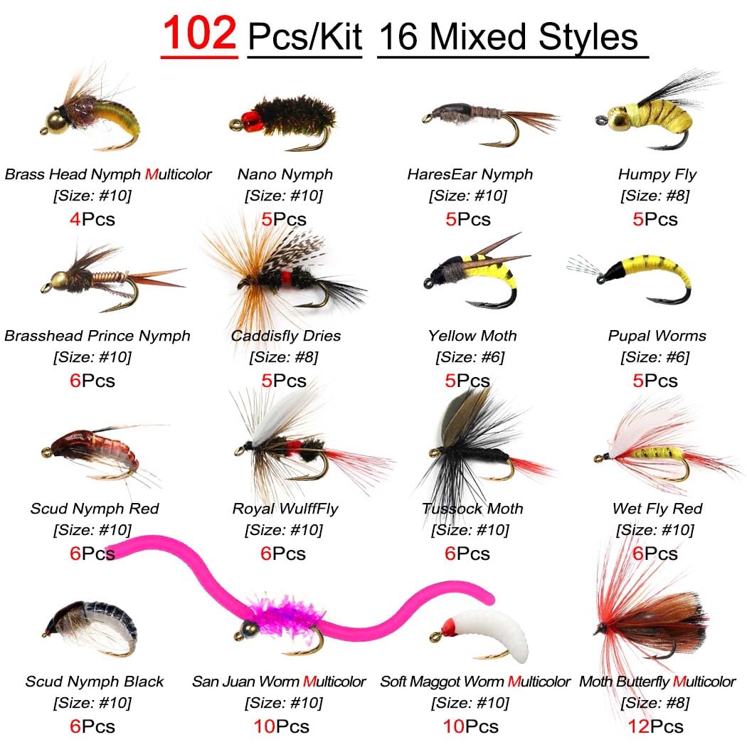 Kit de señuelos para pesca con mosca 24/38/102/114 piezas, moscas secas, húmedas, ninfas, polillas, streamer, mosquitos, gusanos + caja, adecuados para trucha, lubina, salmón