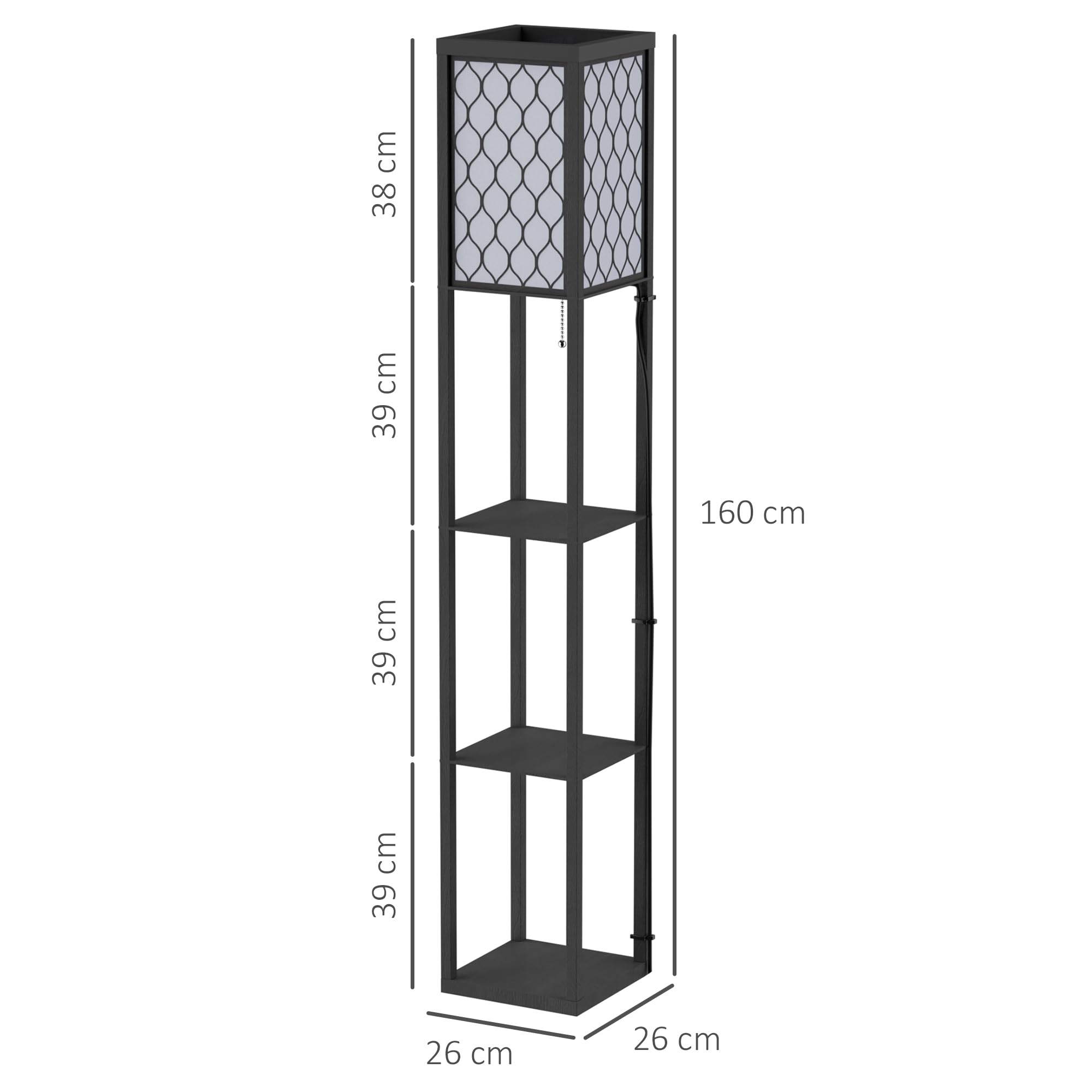 HOMCOM Lampada da Terra 2 in 1 Salvaspazio con 3 Ripiani, Lampada Moderna da Salotto, Soggiorno e Ufficio, Attacco E27, 26 x 26 x 160 cm, Nero Bianco