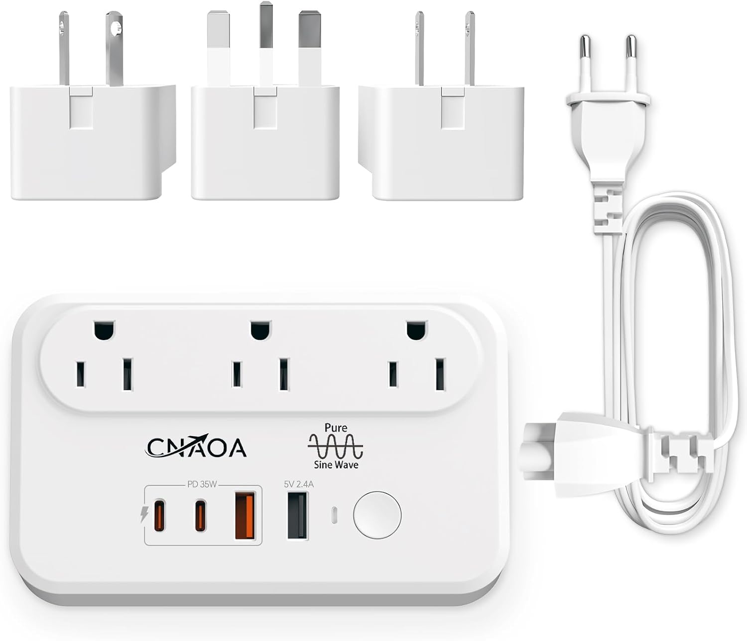 220V to 110V Voltage Converter, 350W Pure Sine Wave Voltage Converter US to Europe with 35W PD 2 Type C & 2 USB A Port, International Power Converter Combo Plug for International Travel White-B