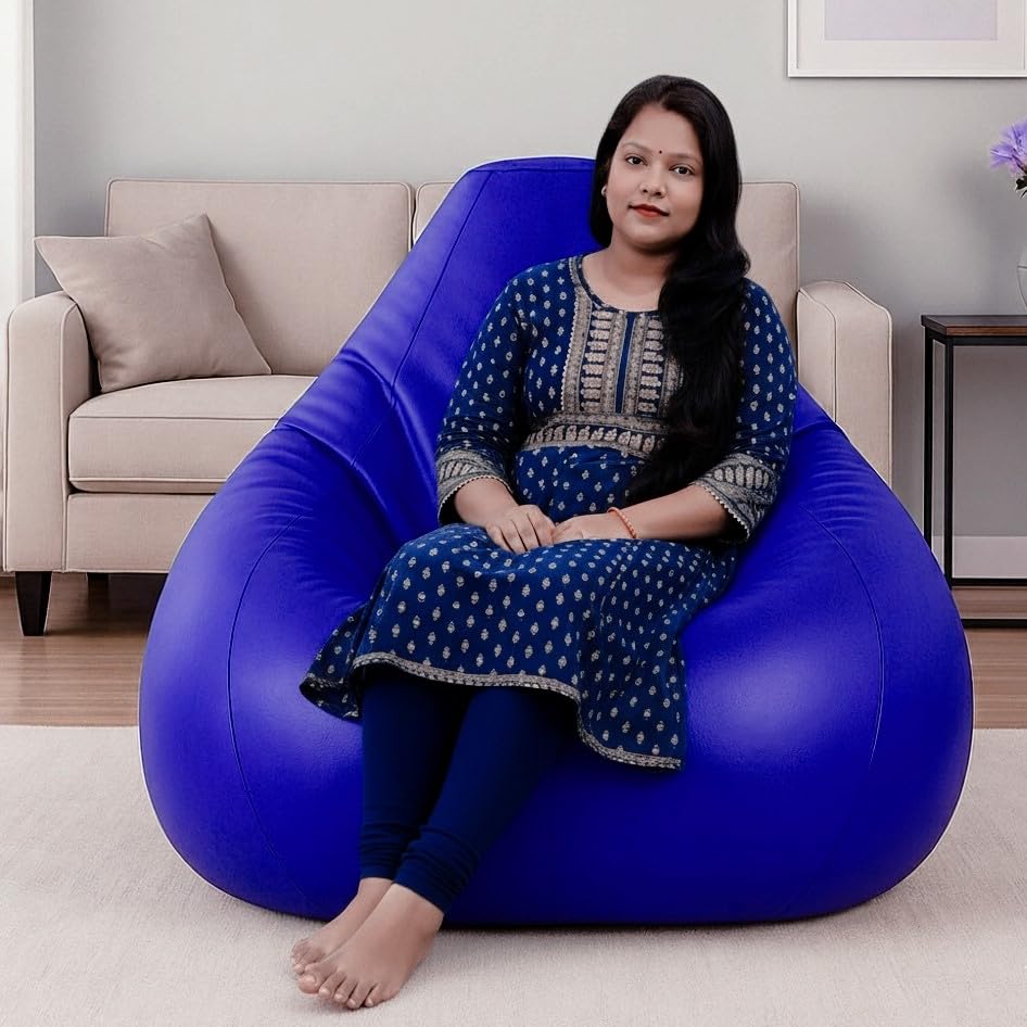 Image of Bean Bag Cover, Faux Leather, 66 x 86 x 112 cm, Indoor Gaming and Reading Chair (Blue, XXL, Solid)