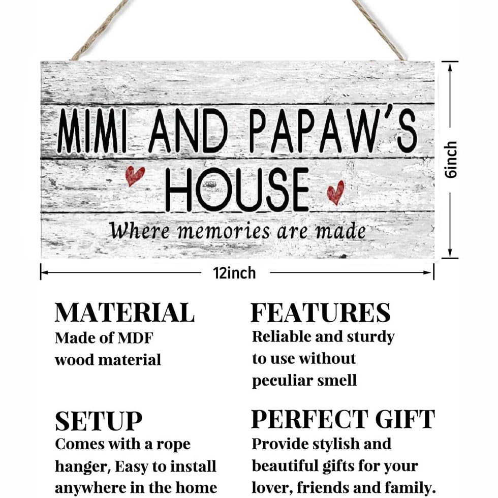 Wooden Mimi and Papaw's House Signs, Where Memories Are Made, Distressed Style, Gift for Grandparents, Indoor Outdoor 6 x 12 Sign