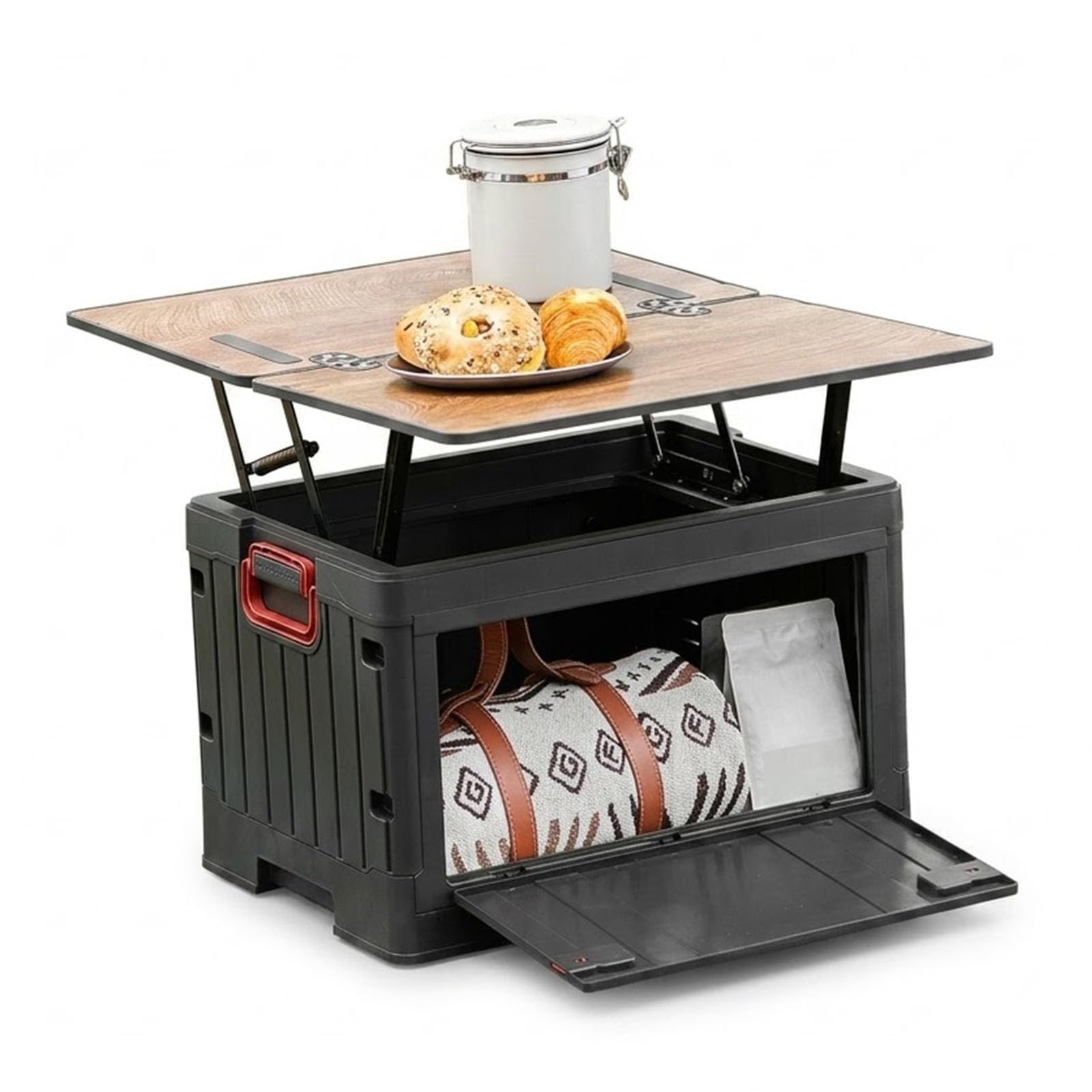 Camping Aufbewahrungsbox Faltbar mit Tisch & Seitenkorb | Kofferraum Organizer für Camping, Wohnmobil Reisen, Picknick und Outdoor Ausrüstung mit multifunktionaler Nutzung