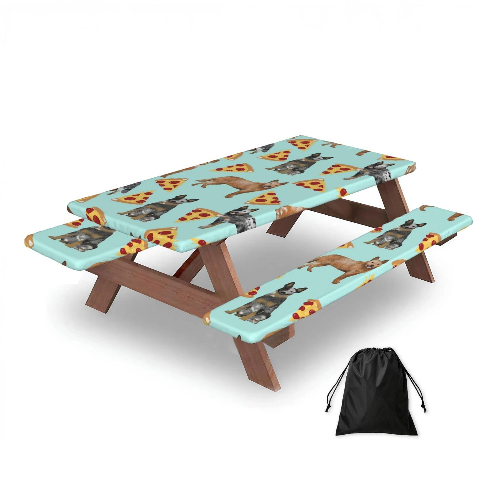 Dopklna As Picture Australian Cattle Dog Blue And Red Heelers And Pizzas, Picnic Table Cover With Bench Covers -Waterproof Elastic Fitted Tablecloth For Garden Camping Patio 76X152cm