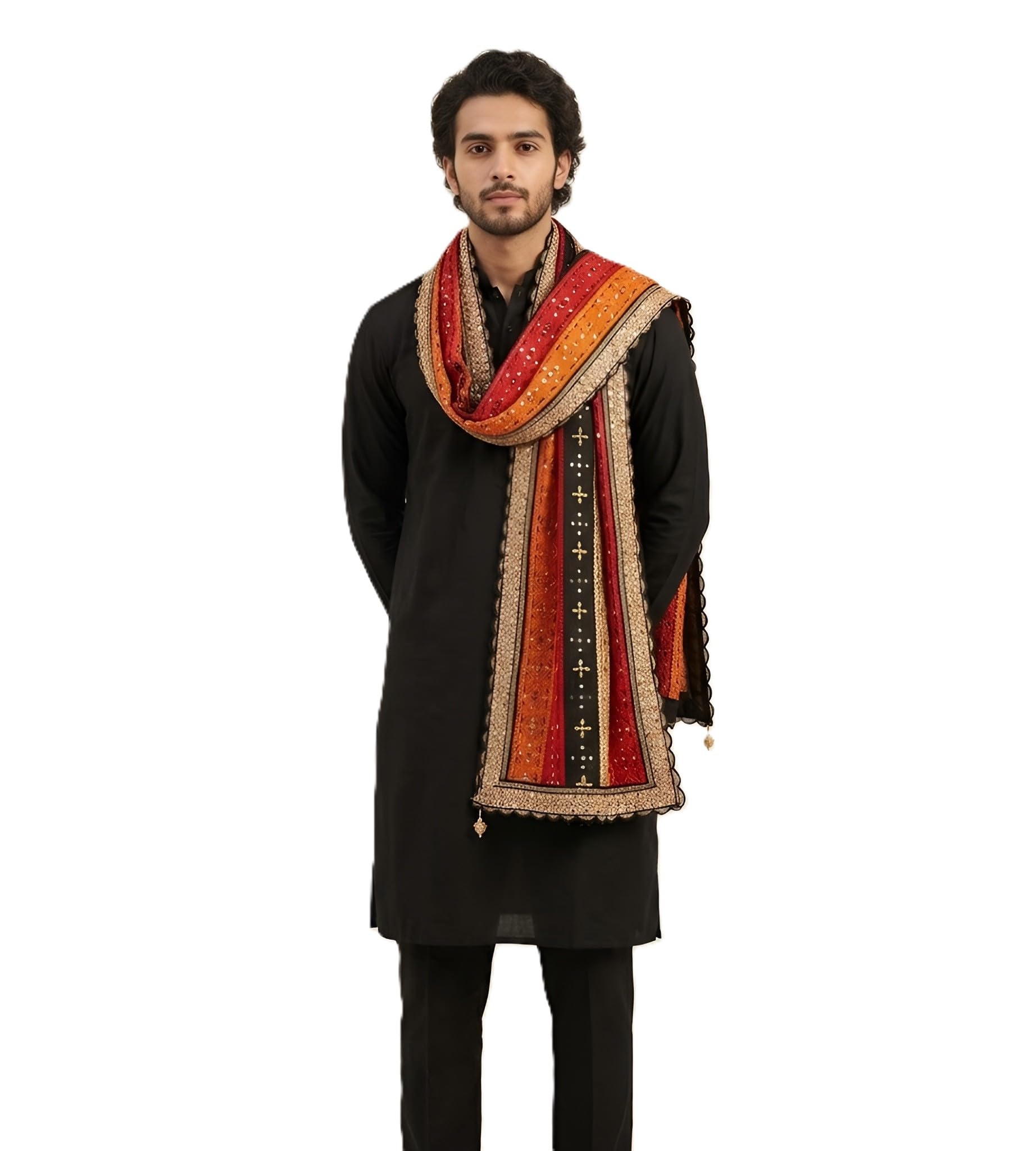 muffly Chinon Mirror Work Embroidered Men's Phulkari Dupatta with Lace Border-picture-41