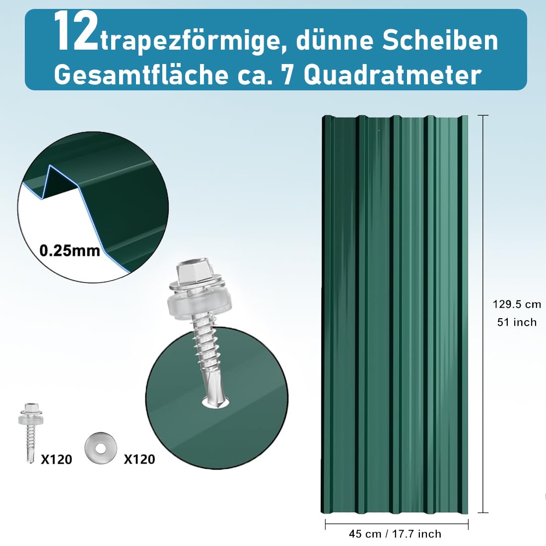 Placas onduladas para tejado, 12 unidades, chapa trapezoidal, acero galvanizado, 129,5 x 45 cm, chapa ondulada para garaje, cobertizo de jardín, cochera (verde)