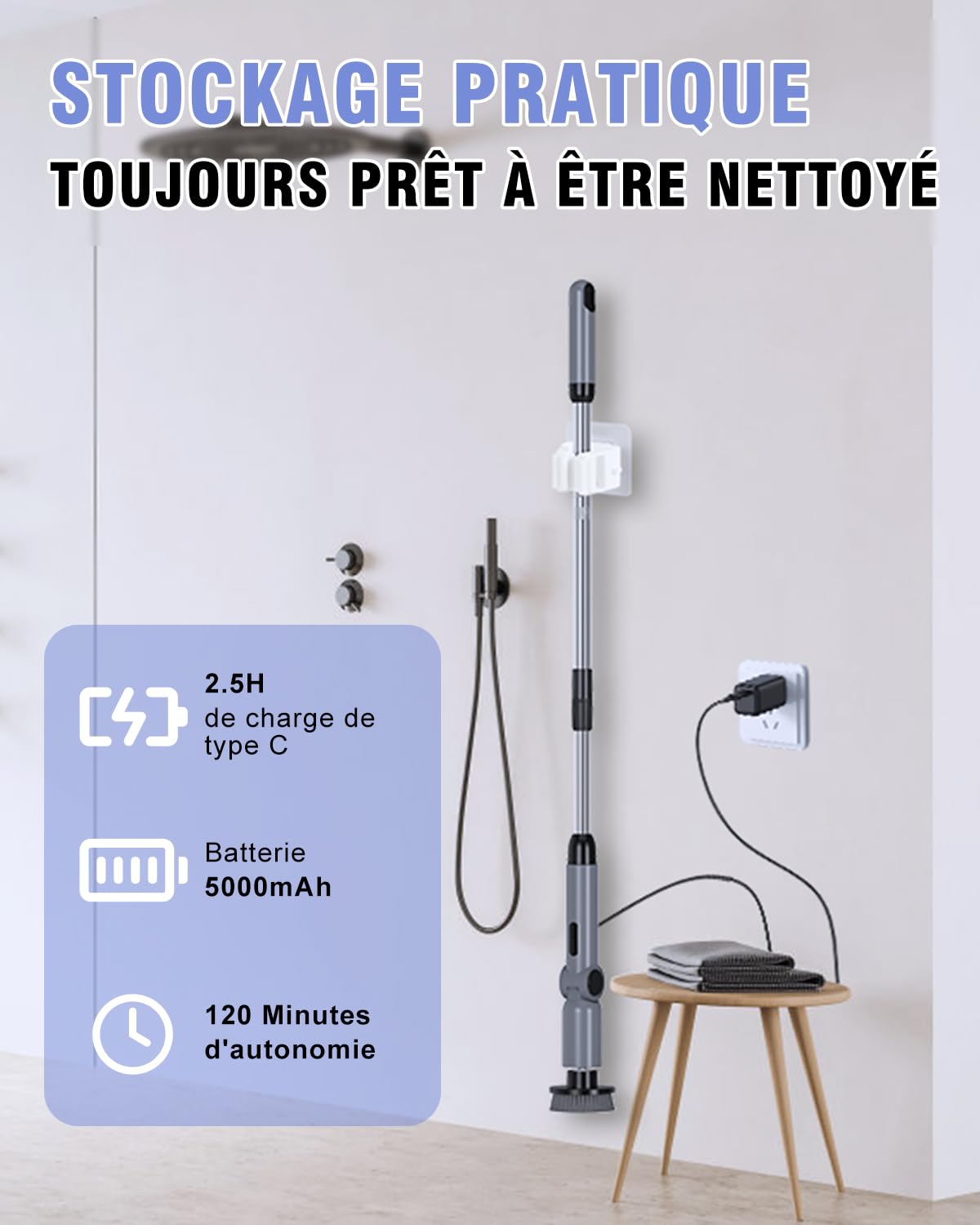 Brosse Nettoyage Electrique, [IPX8 Imperméable] Homtronics Brosse Rotative Nettoyage,Conception Pliant, avec Tige TéLescopique et 8 TêTes de Accessoires pour Salle De Bain,Voiture,Fenêtre,Douche
