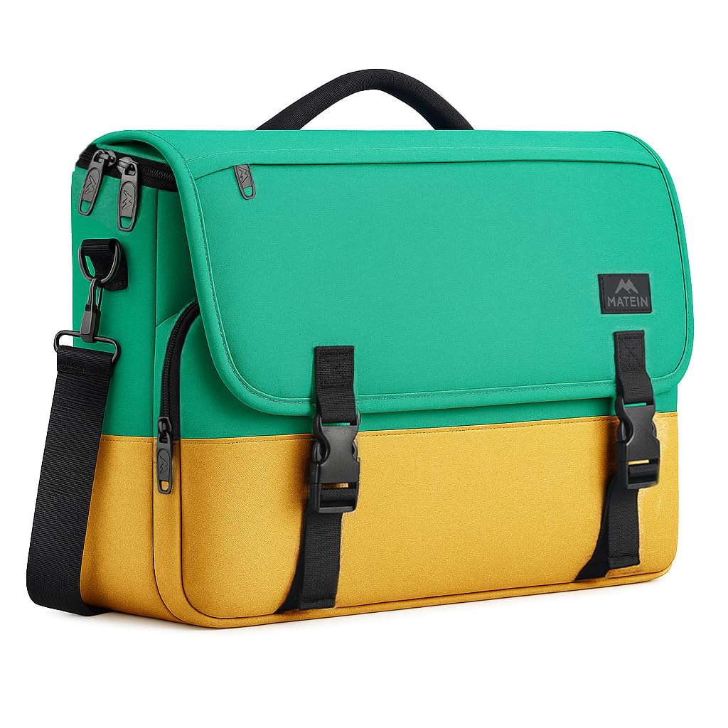 MATEIN School Bag, 15.6 inch Messenger Bag Lightweight Men's Laptop Briefcase with Adjustable Shoulder Strap, Water Resistant Crossbody Satchel Computer Case for College Work, Yellow & Green