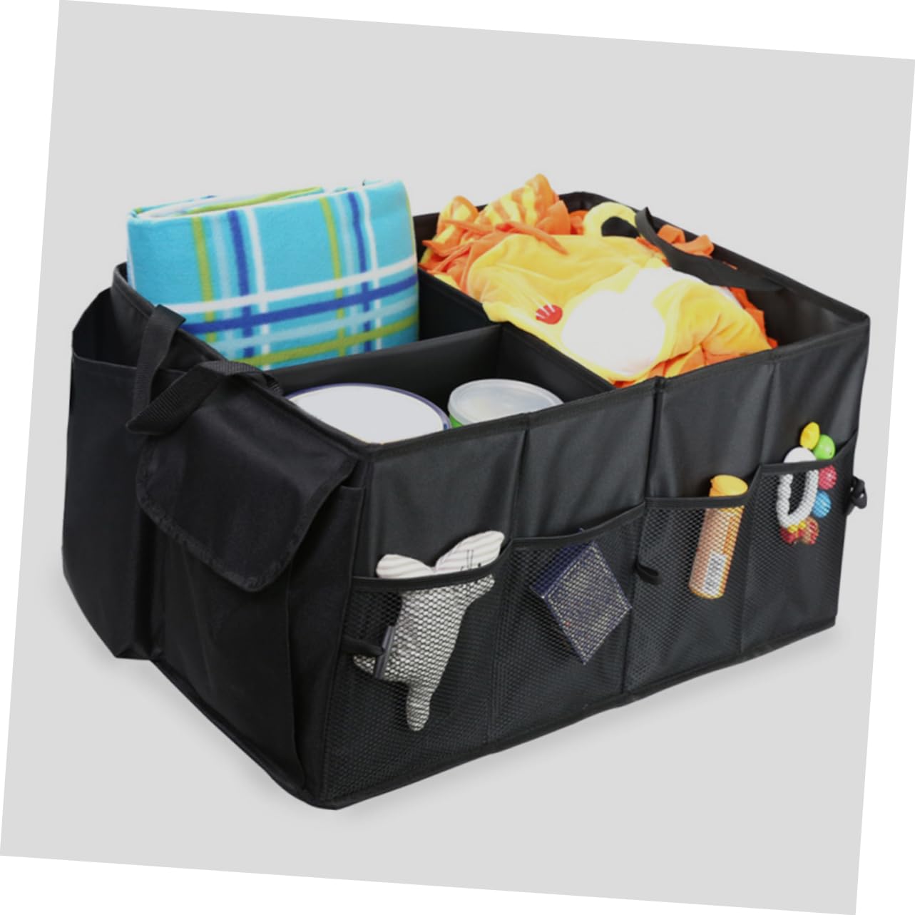 Kofferraum Organizer aus Oxfordstoff Schwarz mit Mehreren Fächern und Taschen Robustes Design Leicht zu Verstauen für Auto und Suv