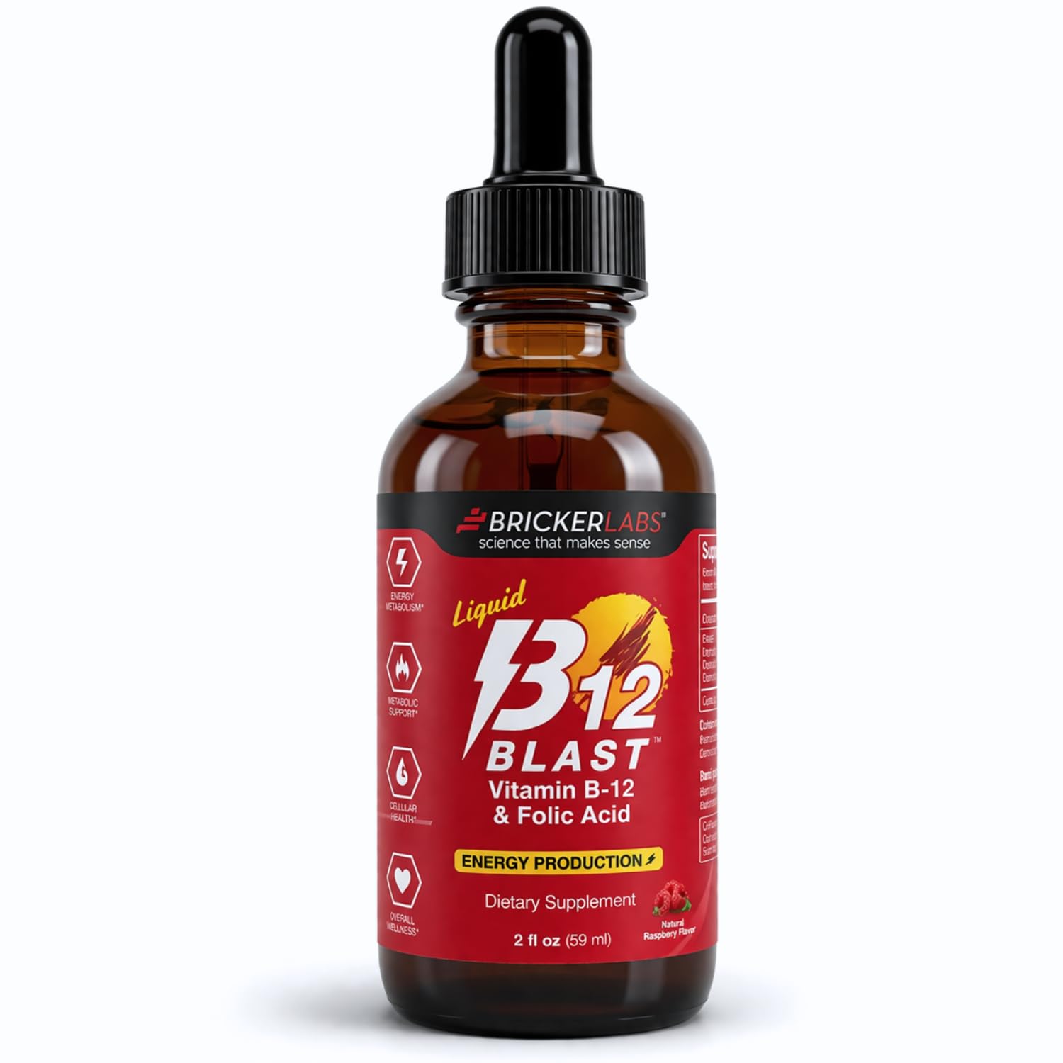 Bricker Labs B-12 Blast Liquid Vitamin B12 and Folic Acid Supplement, Support Energy Production, Great Tasting Liquid Vitamin B12 Dietary Supplement in Natural Raspberry Flavor, 2 fl oz