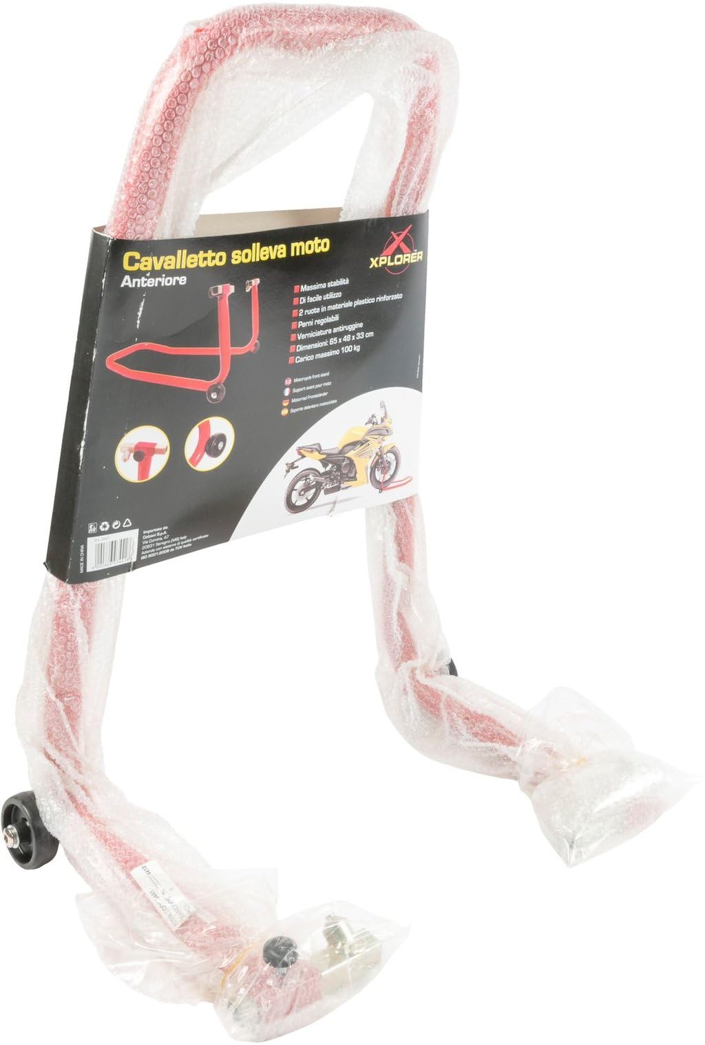 XPLORER Cavalletto Moto Anteriore Universale - Sollevatore Anteriore In Ferro Verniciato Con Ruote E Perni Regolabili Per Manutenzione E Riparazione