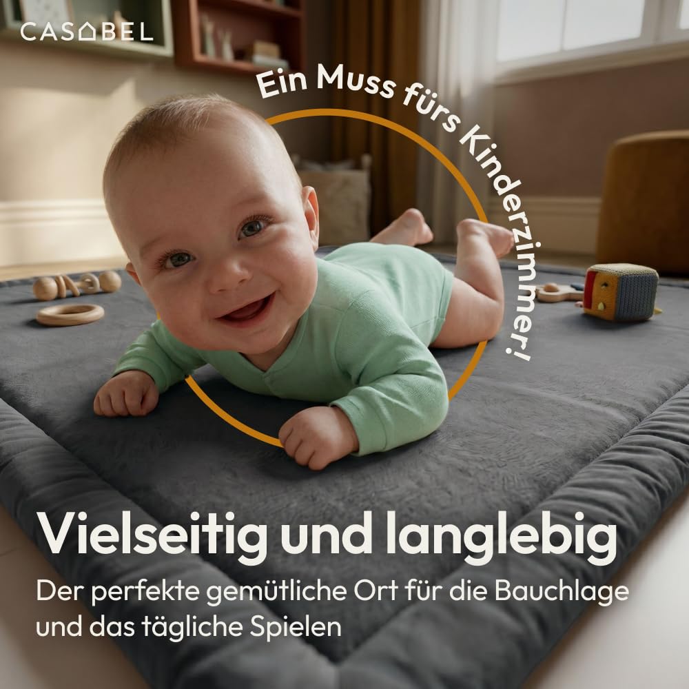 CASABEL Baby-Spielmatte aus Samt, dick und weich, 150x180cm, Grau | 2,5 cm dick, komfortabler Schaum, rutschfeste Unterseite, leicht zu reinigen, ideal zum Spielen und Krabbeln, Babyzimmer