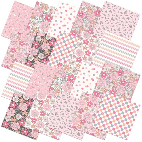 Hahafelt 10 Pcs Retro Pink Flower Quilting Fabric Bundles 20 x 20 Inch Spring Floral Quarters Squares Fat Fabric by The Yard Sewing Fabrics Precut Patchwork for Spring Summer DIY Sewing Craft Decor