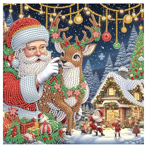 Image of Diamond Art Painting Kit for Adults, 5D Special Shape Diamond Art Kit for Beginners, Crystal Rhinestones Diamond Painting for Home Wall Christmas Decoration Gift 12x12 inch, Santa Claus Christmas Deer