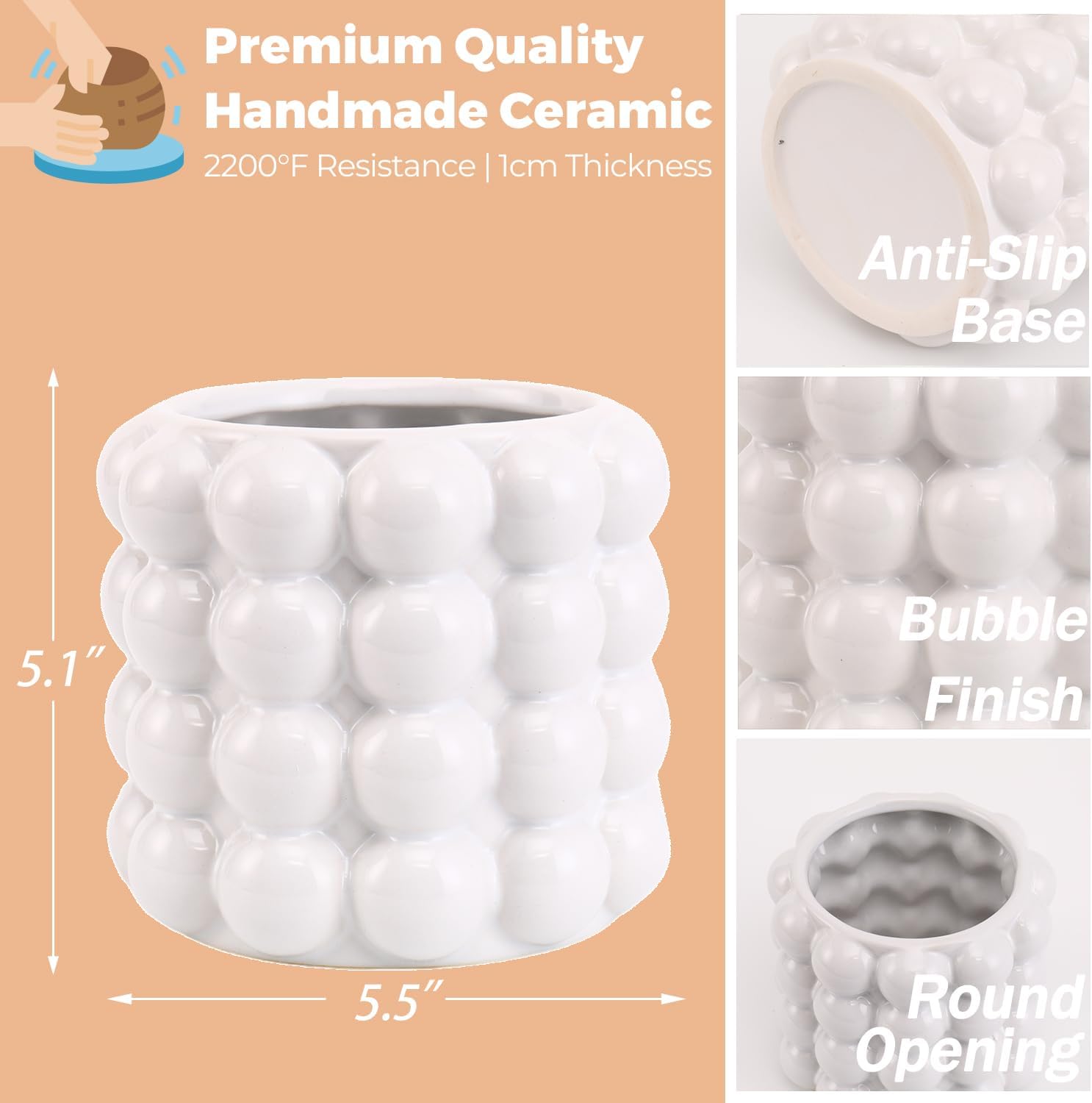Bubble Vase, White Ceramic Vase, Small Short Vase, Ceramic Flower Vases for Home Decor, Decorative Vases for Living Room, Bedroom, Office, Shelf, Coffee Table, 5 Inches