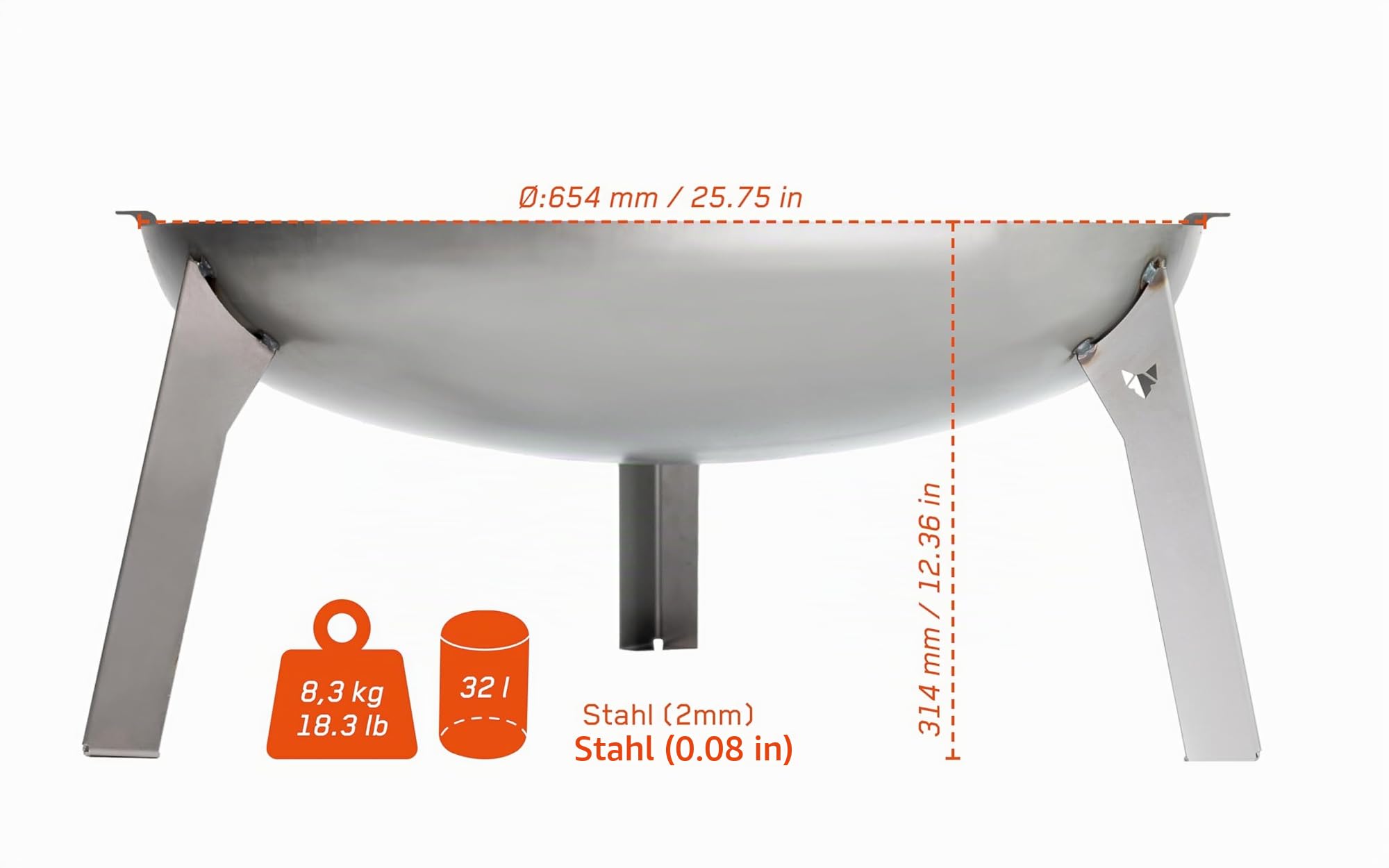 FENNEK Feuerschale 3 Pod | Große Feuerstelle aus massivem 2,0 mm Stahl rostend | Ø 65 cm | Für Garten, Terrasse und mehr | Made in Germany