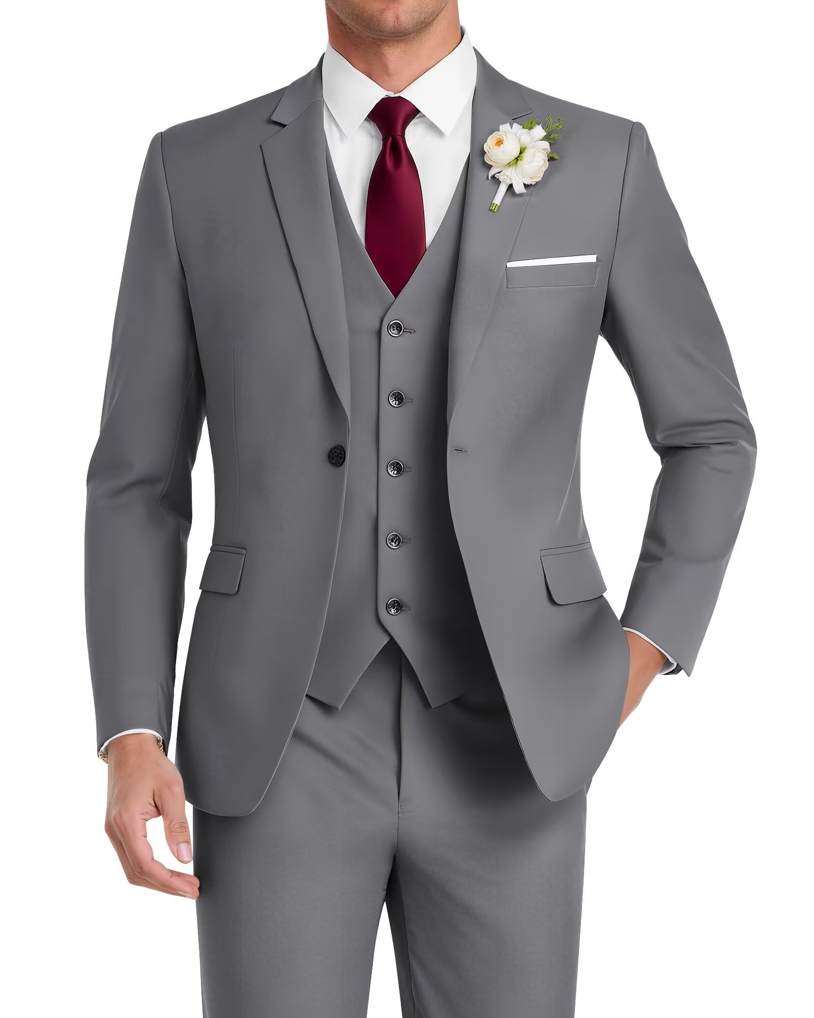 HUUTOE Men's 3 Piece Suits Slim Fit, Wedding Groomsmen Prom Business Suit, One Button Blazer Jacket Vest and Pants Tuxedo Set