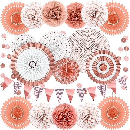 Reusable Rose Gold Party Decorations for Birthday Parties Weddding Decor 19pcs Hanging Paper Fans Pom Poms Flowers Garlands String Polka Dot and Triangle Bunting Flags by Wonsta