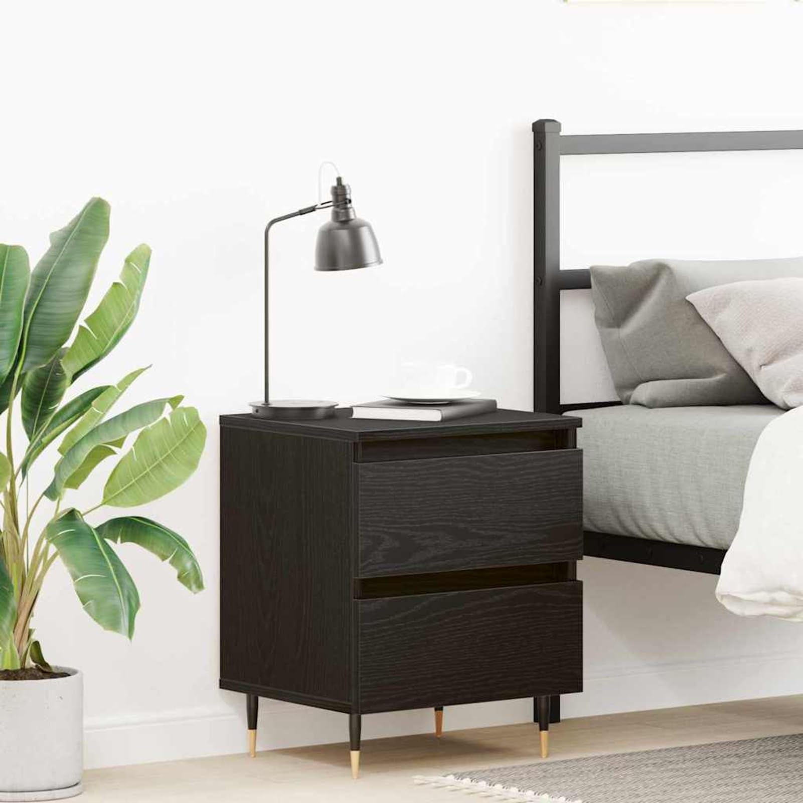 Nachttisch Schwarz Eichen-Optik 40x35x50 cm Holzwerkstoff mit 2 Schubladen | Modernes Design mit kegelförmigen Metallbeinen, langlebiger Holzwerkstoff, einfache Pflege mit feuchtem Tuch