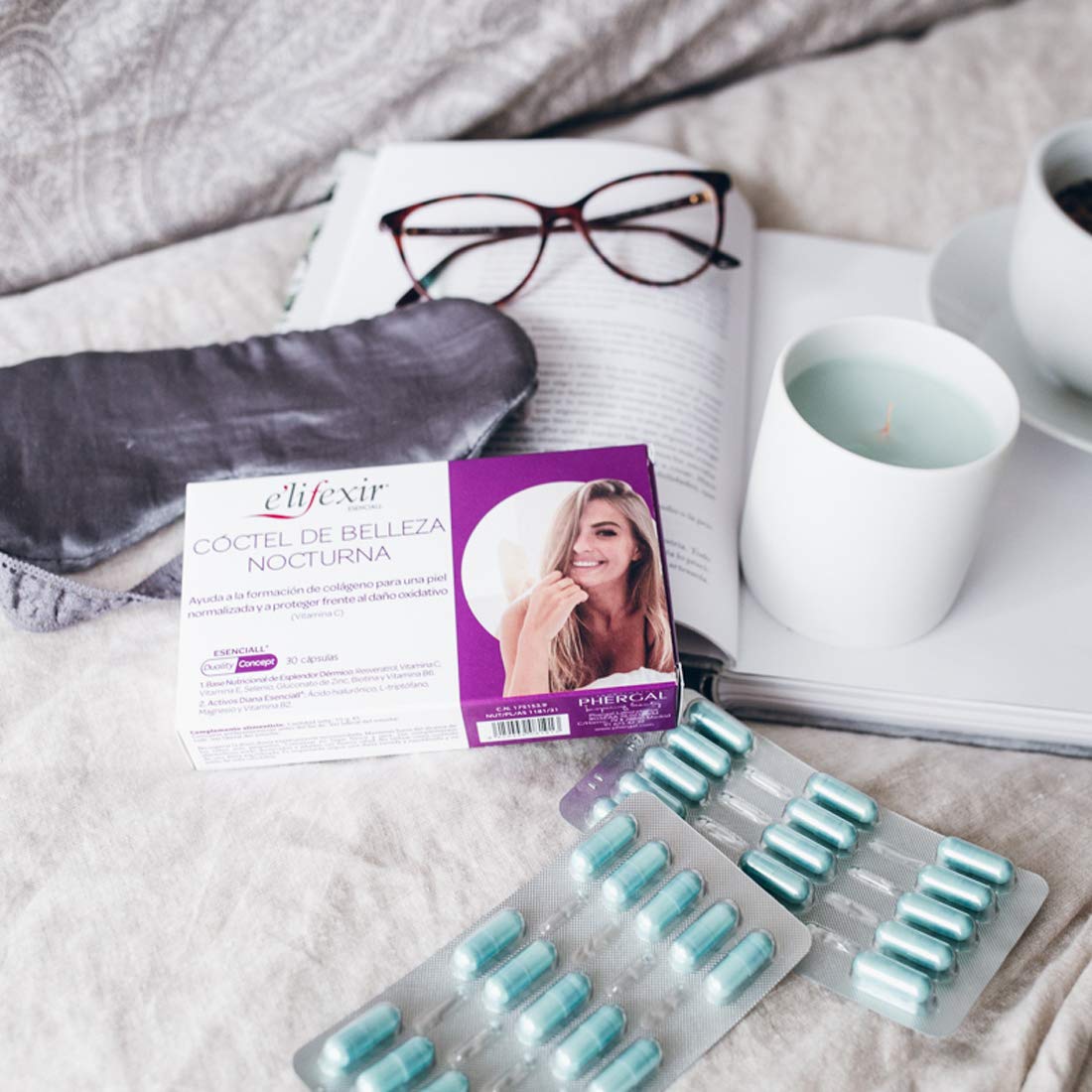 Elifexir Esenciall Cóctel de Belleza Nocturna, Cápsulas de Ácido Hialurónico y Vitamina C, Ayuda a la Formación de Colágeno y Protege del Daño Oxidativo, 60 Cápsulas