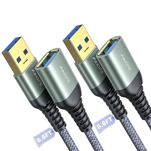 AINOPE 2 Pack USB Extensions Cable High Speed USB 3.0 Extension Cord Type A Male to Female Sturdy Braided Material Fast Data Transfer Compatible with USB Keyboard,Mouse,Flash Drive,Grey,6.6FT+6.6FT - 6.6FT+6.6FT - Grey
