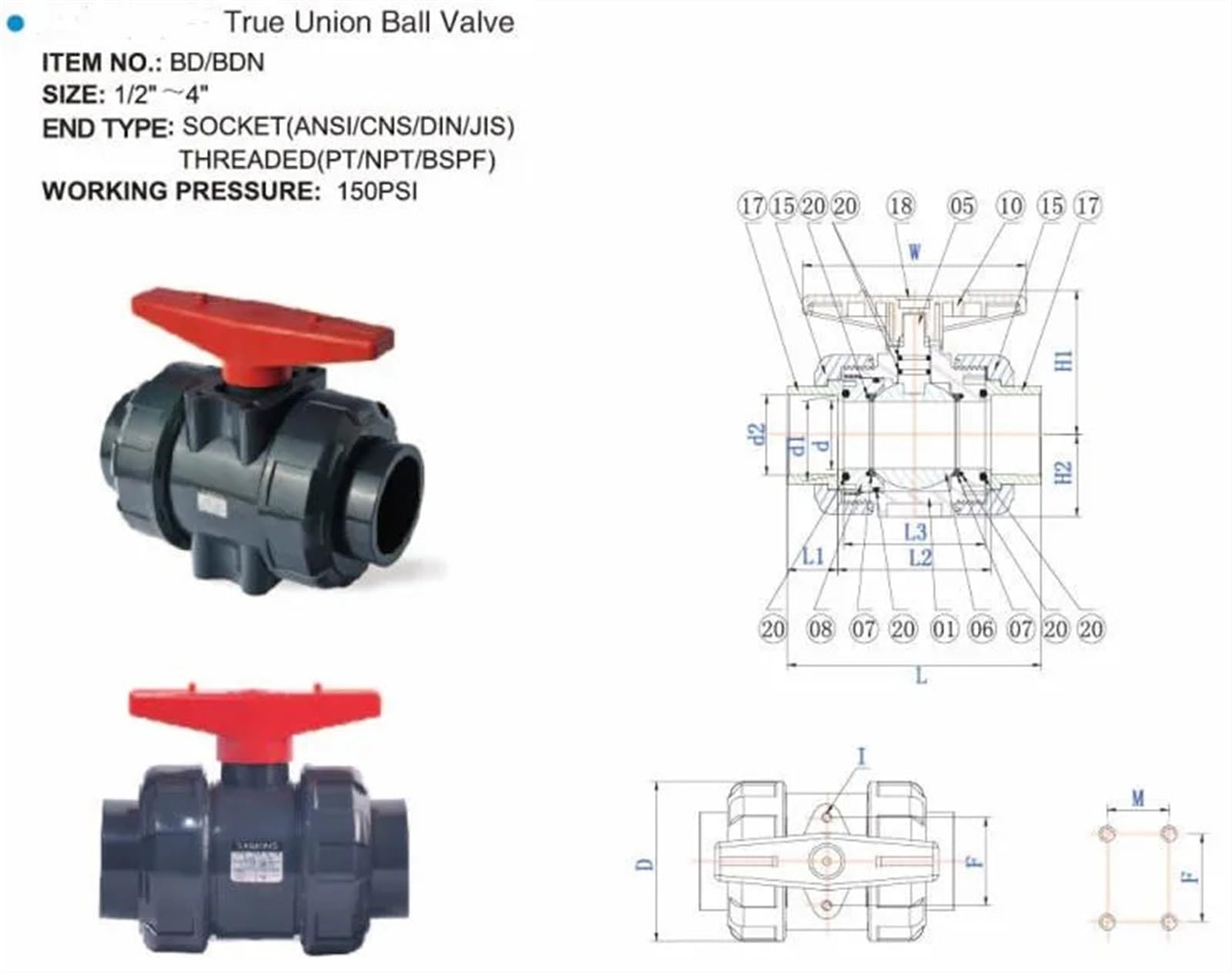 Válvula de Bola de PVC, Conector de tubería de Agua de PVC, Accesorios for mangueras de plomería, válvula de Cierre Deslizante, ID, 1/2 ", 3/4", 1 ", 1,2", 1,5 ", 1 ud.(I.D42.16mm)