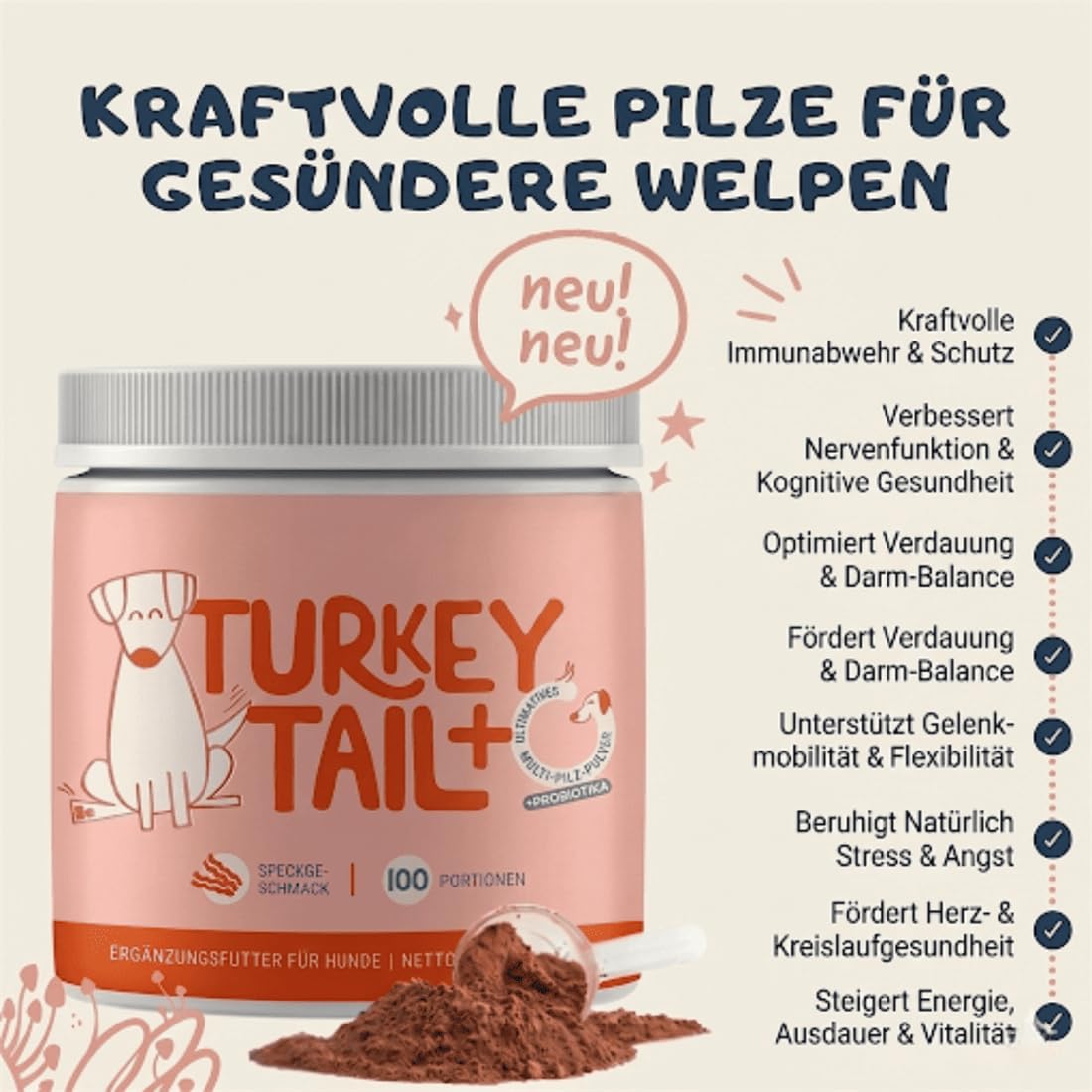 Turkey Tail für Hunde – Premium Pilzpulver mit Reishi & Probiotika, Immunsystem & Lipome Unterstützung, 100 Portionen, Tierärztlich entwickelt, Laborgeprüft, Natürlich & ohne Zusatzstoffe