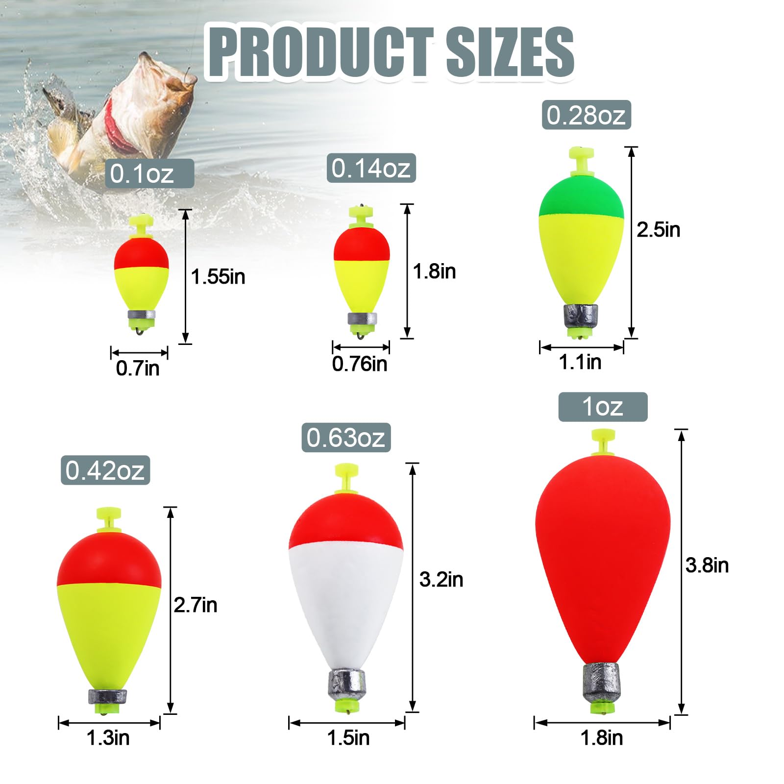 Weighted Fishing Bobbers 10-Pack - Slip Bobbers for Catfish with Spring Clip | 5 Sizes & Styles | High-Visibility EVA Floats with Bottom Weight for Stability