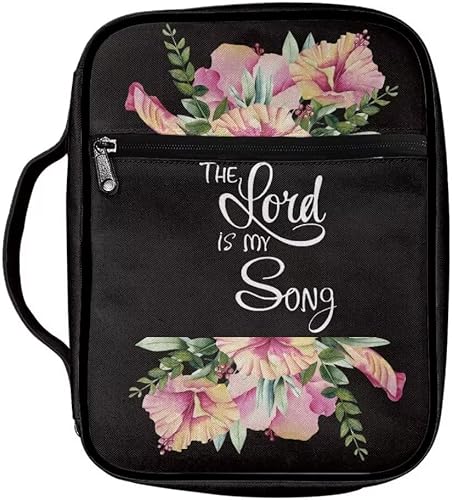Funda de Biblia de tamaño grande para mujeres y niñas, bolsas de Biblia negras con flores y hojas, estuche de Biblia con asa portátil, bolsillo con