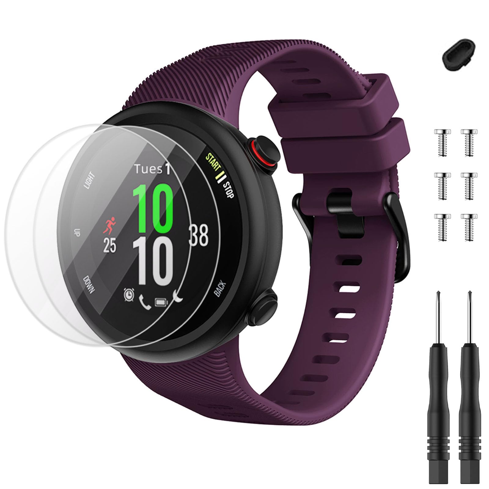 TopPerfekt Strap Compatible with Garmin Forerunner 45 and 2 x Screen Protector, Sport Silicone Wristband Arm Band Replacement Bracelet for Forerunner 45 (Purple)