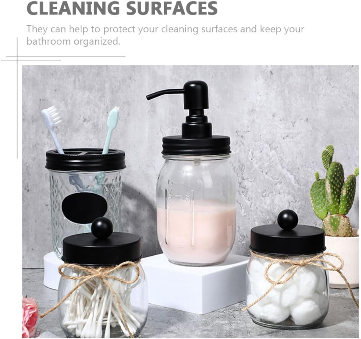 VICASKY Mason Jar Glass Toothbrush Holder Cup Set with Black Lid, Bathroom Lotion Bottle and Swab Container, Sanitary Bathroom Accessory for Home and Travel, 4pcs Toiletry Organizer