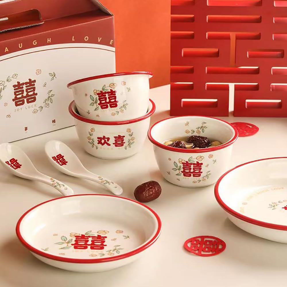 Juego de 10 piezas de vajilla de cerámica para boda, ceremonia de inauguración de la casa, vajilla de cerámica china, cuencos, palillos, cucharas, platos con paquete de regalo