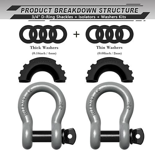 Vista 68 de AUTMATCH- 2 grilletes en D de 3/4 pulg, 41,887 Ib, resistencia a la rotura, tornillo de 7/8 pulg, pasador y grillete, aislante y arandelas, Negro