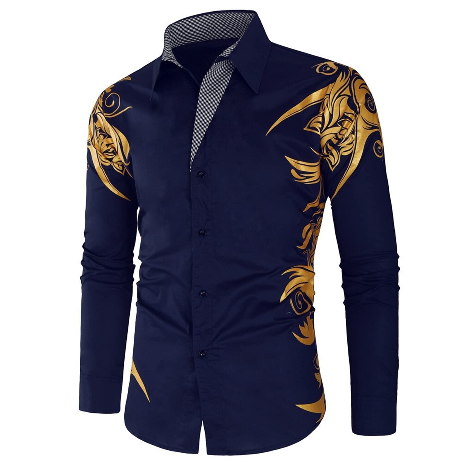 WODOWWODOW Men Shirts Luxury Gilded Print Men's Casual Long Sleeve Shirt Lion Print Bronze (Color : Navy blue, Size : XXXL)