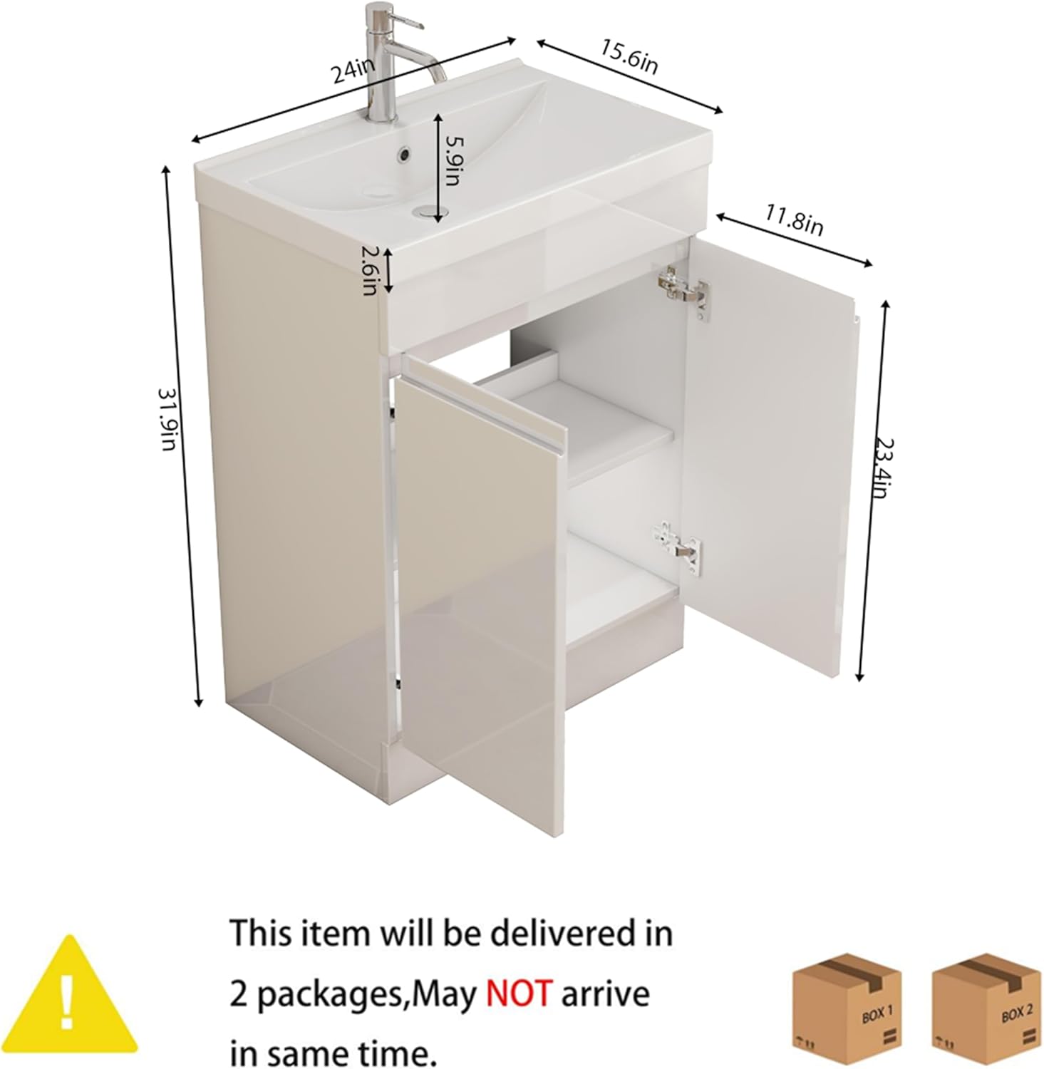 24-Inch Bathroom Vanity with Ceramic Sink Combo,Freestanding Modern Bathroom Vanities with Soft Closing Doors,Glossy White