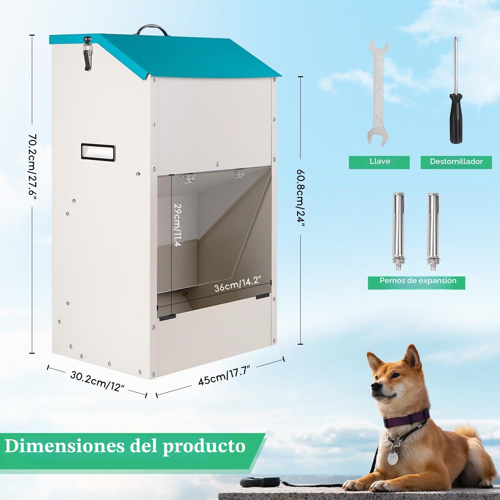 Comedero Automático de Gravedad 22Kg Dispensador de Comida para Perros de Razas Grandes, Uso en Exterior