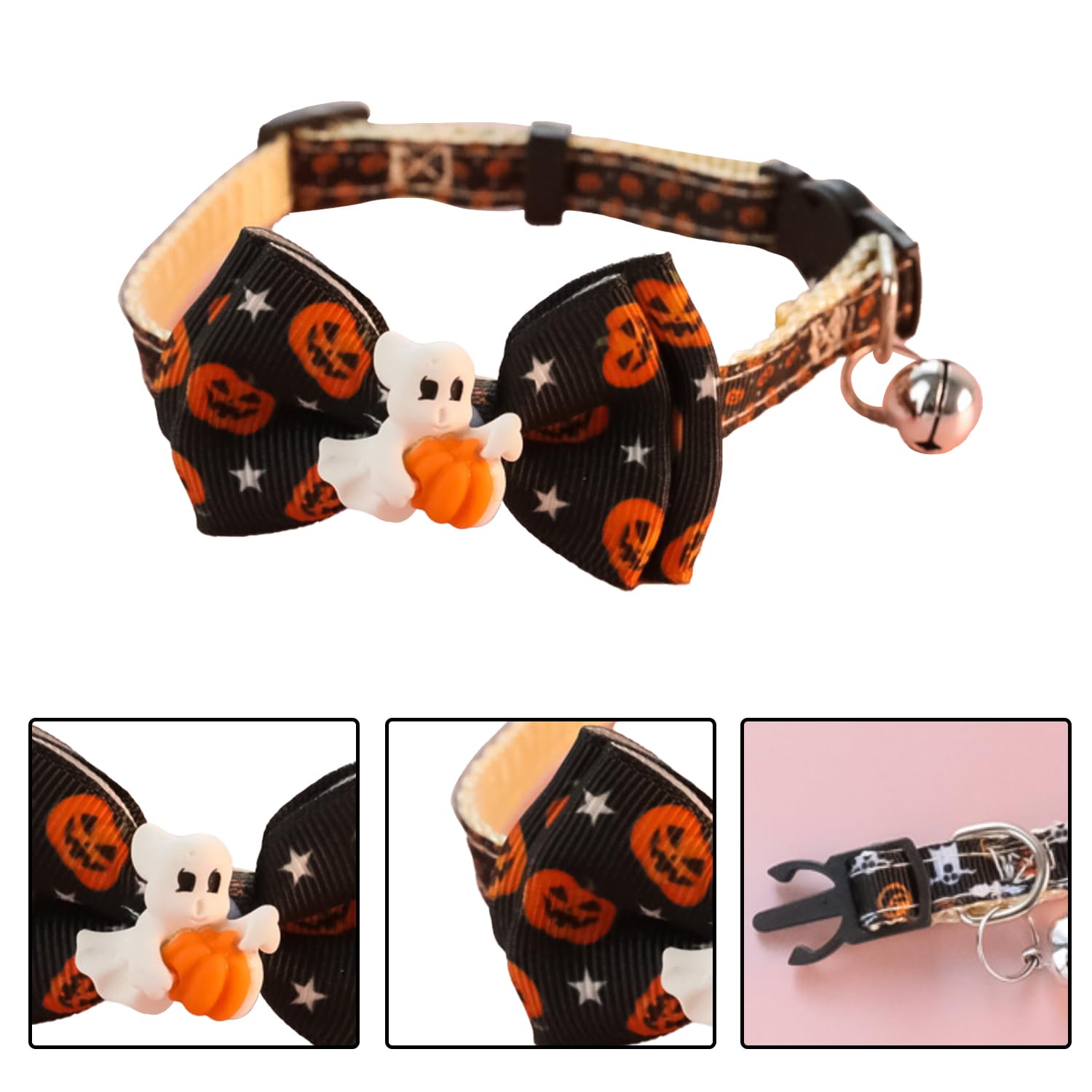 JNAWA 2Pieces Halloween Pet Collars Soft Collars with Bow Tie Ghost and Hat Pattern Collar Adjustable Pet Collar Decor for Dogs and Cats - Image 2