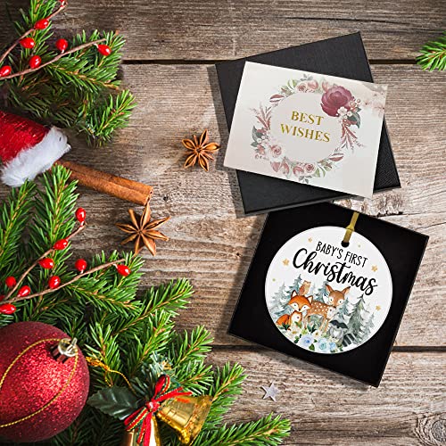 Rewidparty Baby First Christmas Hanging Ornament Woodland Animal For Family Friend Christmas Home Office Tree Decorations 3" Circle Ceramic Ornament With Gold Ribbon & Gift Box #TOP4