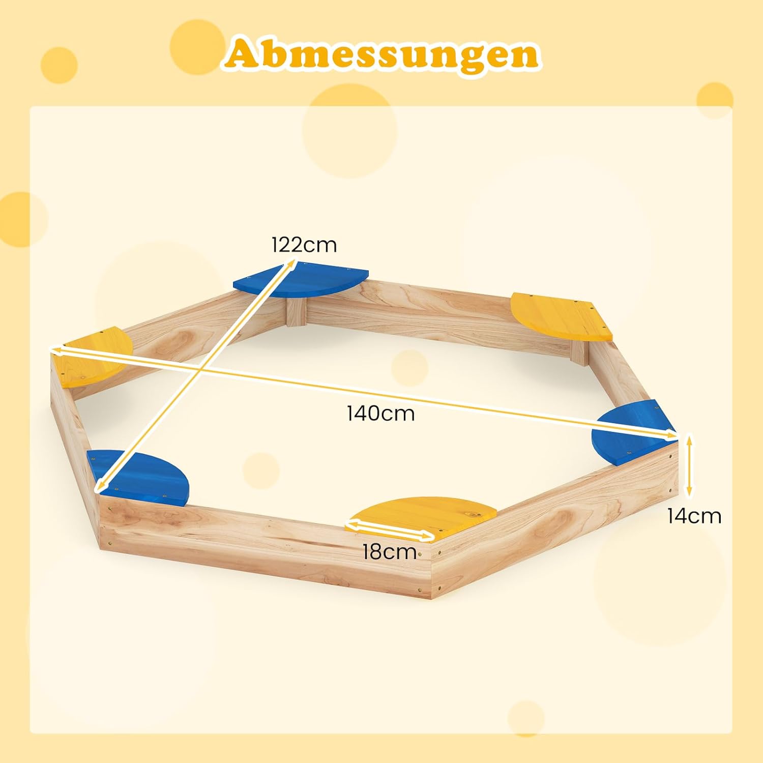 COSTWAY Wooden Sandpit with 6 Seats, Hexagonal Sand Box for Children, 140 x 122 x 14 cm, Sandbox Sand Toy for Balcony and Garden