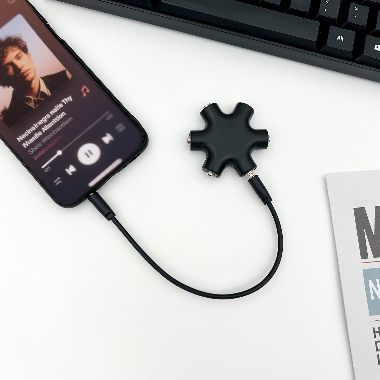 Divisor de audio para auriculares de 6 vías, cable adaptador estéreo macho de 3,5 mm a hembra de 5 puertos para iPhone, auriculares y auriculares