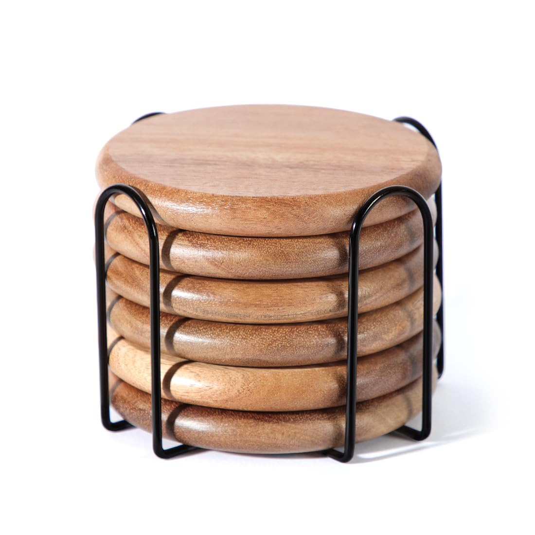 HALE OTEIR Acacia Wood Round Coasters Set of 6 with Holder, 3.93 Inch Rustic Wood Coasters with Smooth Rounded Edge for Mugs, Glasses, Coffee & Wine, Perfect for Home, Office or Christmas