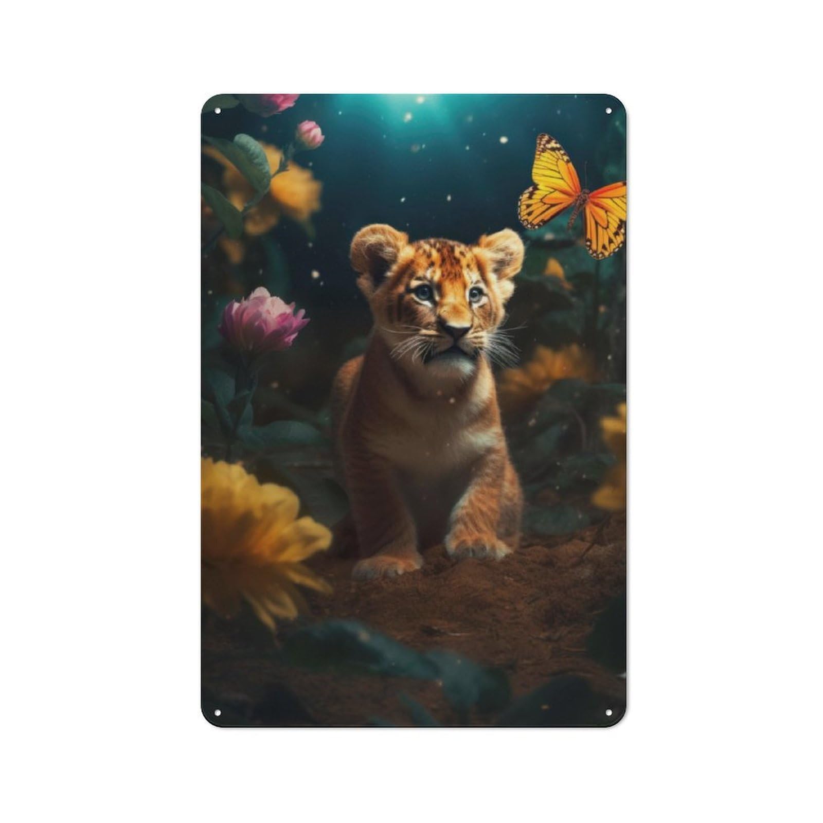 Junmoney Magical Lion Cub Butterfly Metal Wall Sign 30X20cm Featuring For Bar Or Restaurant, For Restaurant Interior Fans