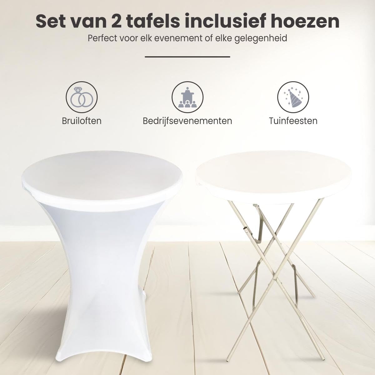 Tables Debout Lot de 2 avec Housses Blanches Ø80x110 cm - Tables de Fête Pliantes avec Plateau HDPE Résistant à l'eau et Cadre en Acier - Idéal pour Fêtes, Mariages & Evénements