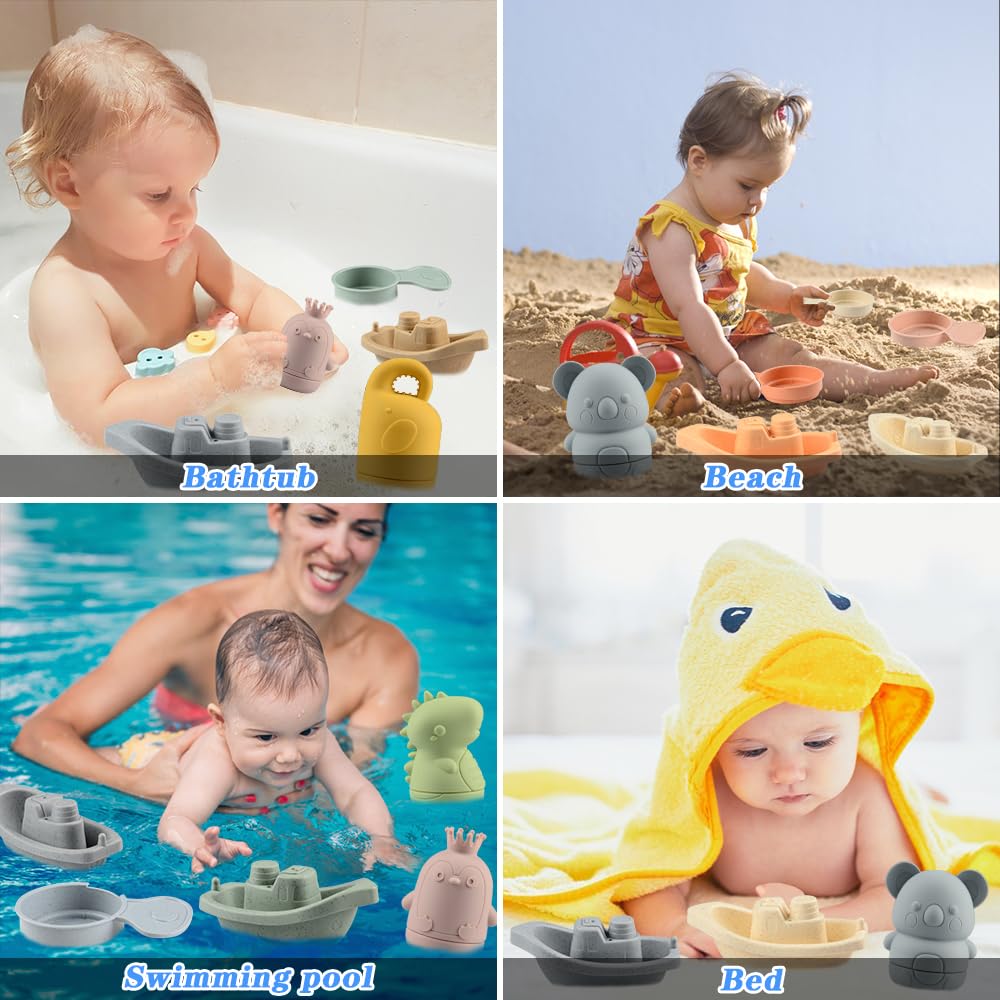 Jouet Bain Bébé, 16 Pièces Jouets de Bain Jouets à Presser Sensoriels avec Bateaux Empilables et Cuillère, Jeux de Bain Jouets de Douche de Bébé Amusants Jouets Flottants pour Bebe Enfant