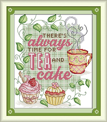 Image of Howie's Needlepoint Cross Stitch Kits, 14CT Pre-Printed Pattern Needlepoint Kits, Full Range of Stamped Starter Kits (Tea and Cake, 11.8 x 13.4 Inch)