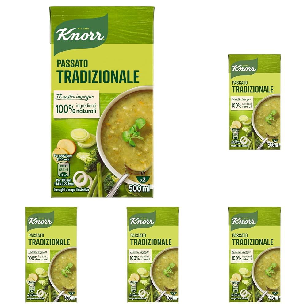 Knorr Passato di Verdure Tradizionale, Minestrone con 10 Verdure, 100% Ingredienti Naturali, Ricco di Fibre e Fonte di Proteine, Senza Conservanti Aggiunti, Senza Coloranti, Vegetariano, 500 ml 500 ml (Confezione da 5) Passato Tradizionale